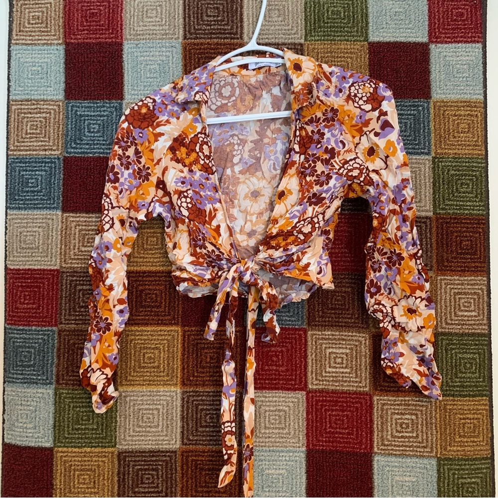 Stradivarius Multicolor Floral Tie-Front Blouse
